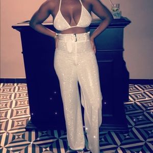 Long rhinestone pants w/matching bikini top.